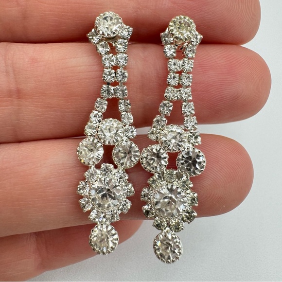 Vintage Rhinestone Drop Earrings Old Hollywood Glam Wedding Bridal Gala Holiday - Picture 4 of 9